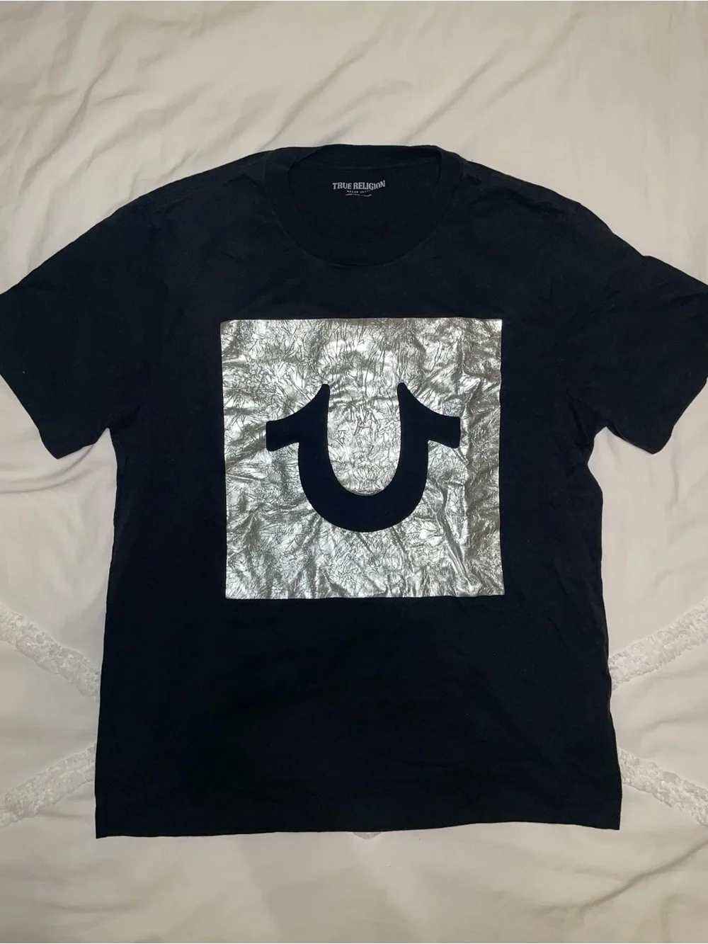 True Religion Black T-Shirt with Silver Foil Logo